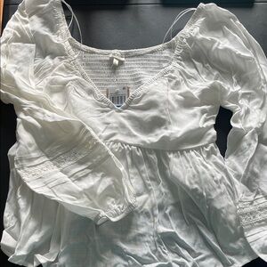White Smocked V-Neck Peasant Top - Women